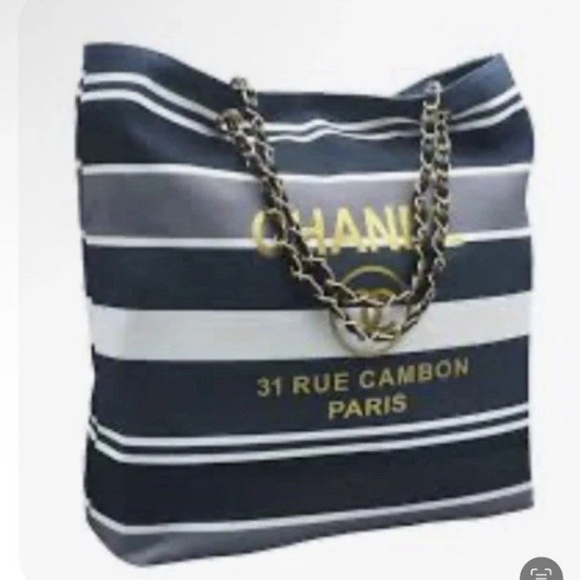 CHANEL Handbags - TOTE CHANEL Deauville Nautical Blue & White Striped w/ Navy Fabric & Chain